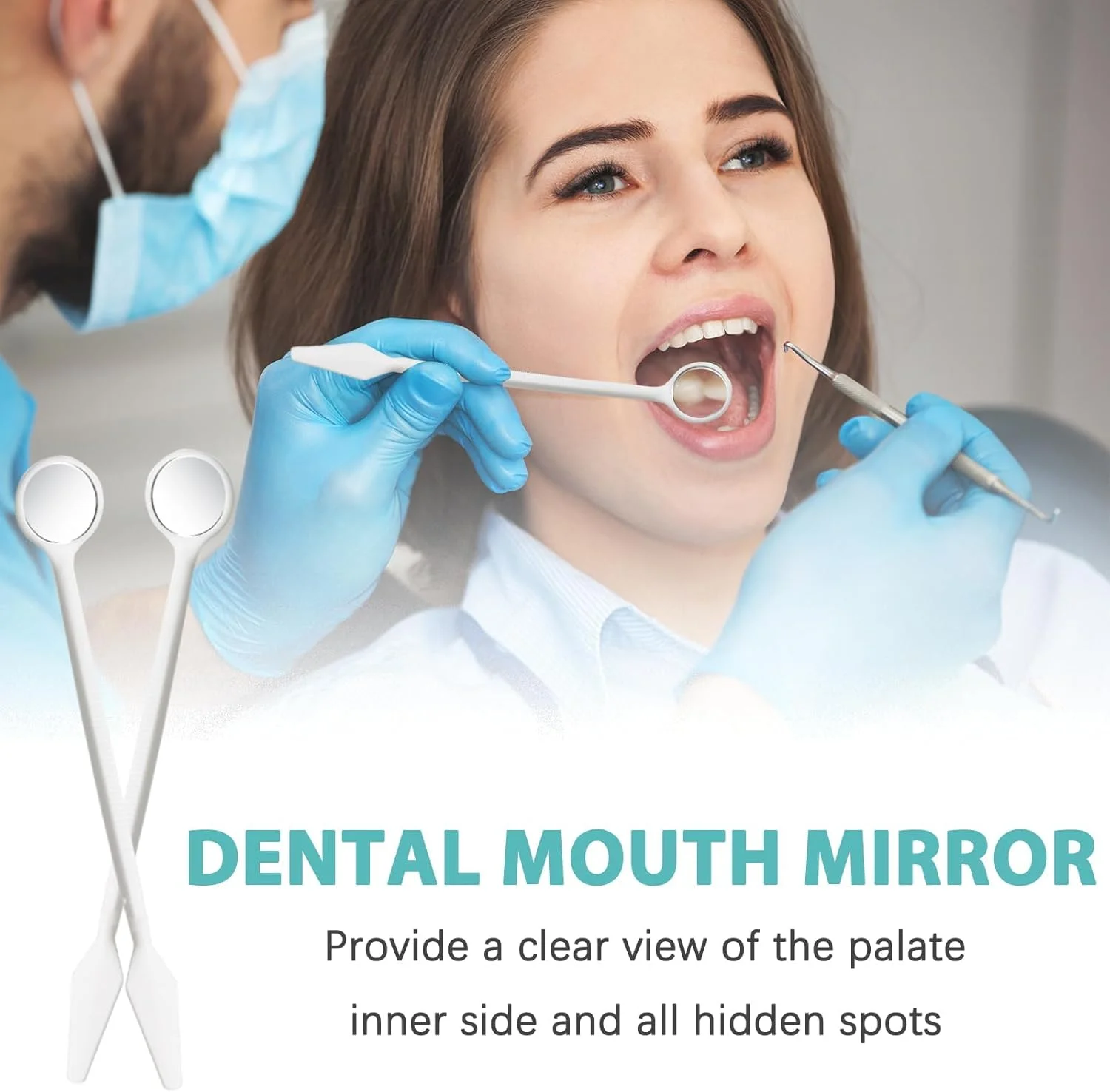 مجموعه ابزار دندانپزشکی شامل 100 عدد آینه دهانی دندان و 100 عدد پیش بند دندانپزشکی یکبار مصرف 3 لایه و آینه بسته بندی شده جداگانه برای بازرسی تمیز کردن دندان 200 عدد