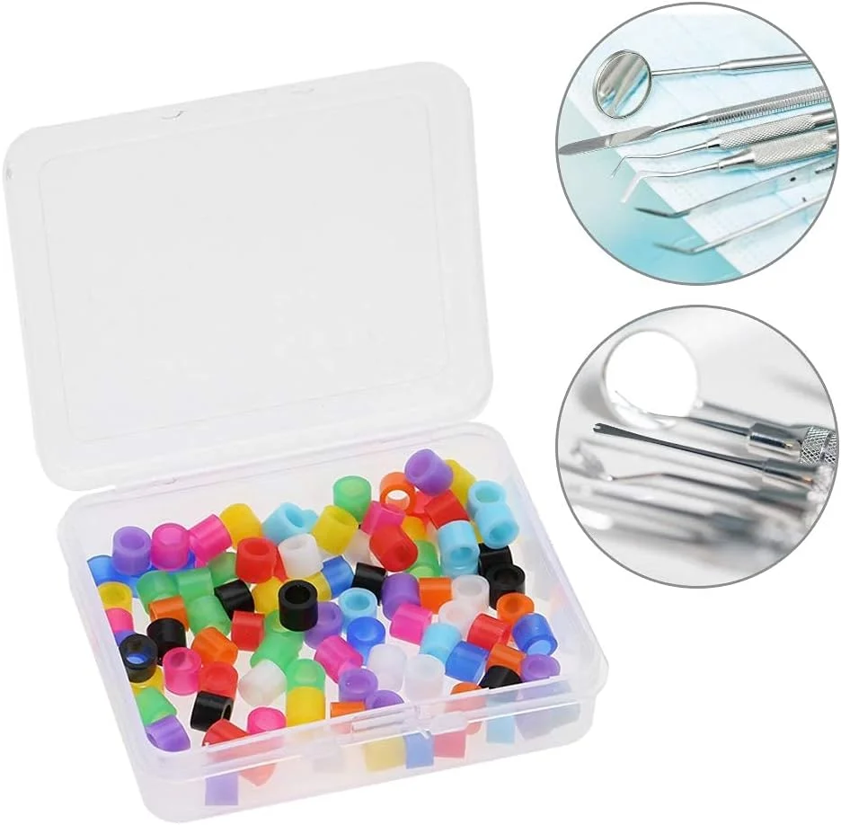 ۱۰۰ عدد حلقه کدگذاری ارتودنسی در جعبه، حلقه های کد رنگی سیلیکونی ابزار بهداشت دهان و دندان نوع کوچک، حلقه های کد رنگی چند رنگ جهانی اتوکلاو شونده برای ابزار دندانپزشکی