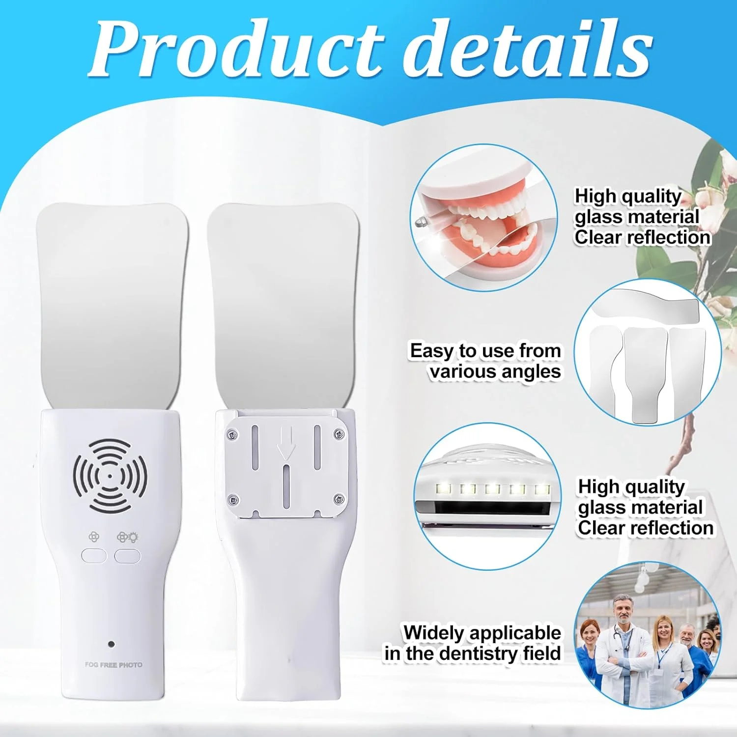 دستگاه آینه عکاسی اکلوزال دندانپزشکی بدون مه با 4 آینه بازتابنده داخل دهانی رودیوم برای دندانپزشکی، فن ضد مه و دسته نورپردازی LED با بازتابنده های شیشه ای روکش دار کیت بازرسی دهان دستگاه آینه عکاسی اکلوزال دندانپزشکی بدون مه با 4 آینه بازتابنده داخل دهانی رودیوم برای دندانپزشکی، فن ضد مه و دسته نورپردازی LED با بازتابنده های شیشه ای روکش دار کیت بازرسی دهان