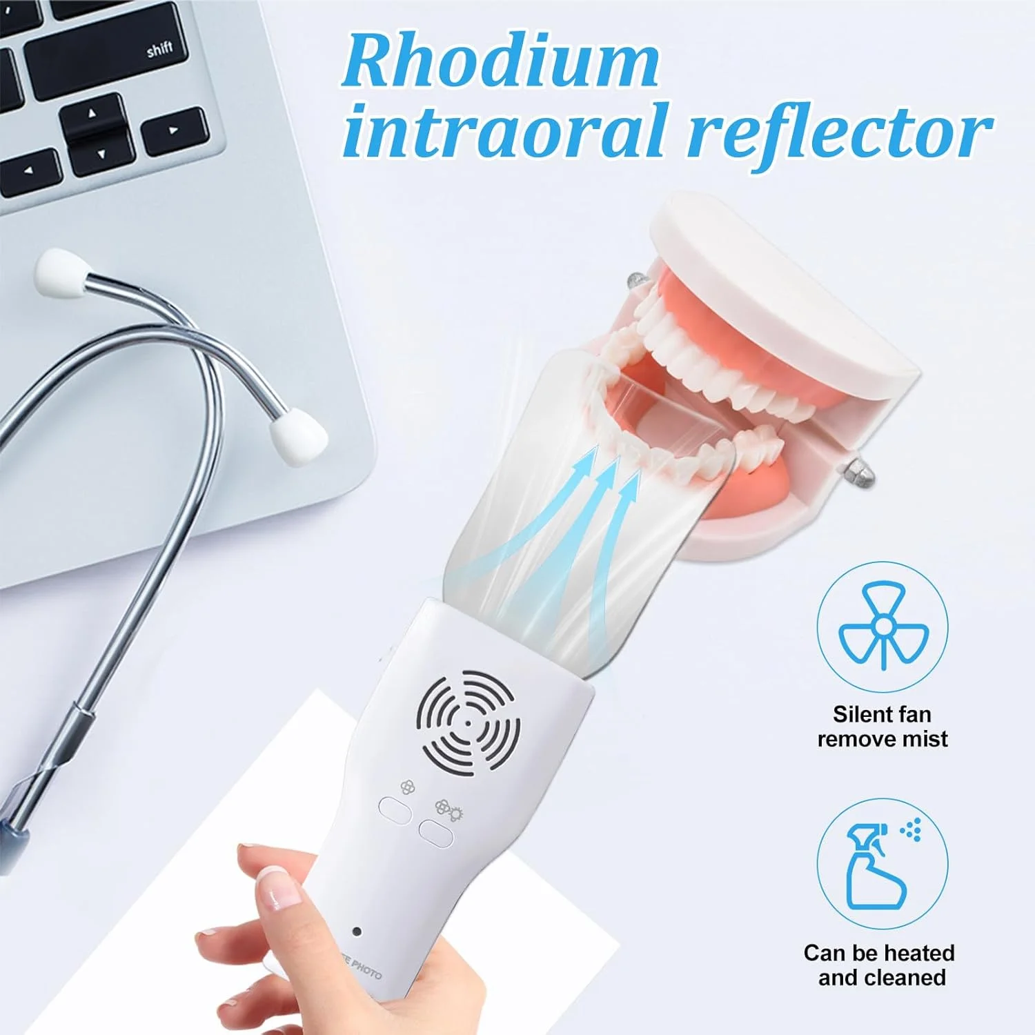 دستگاه آینه عکاسی اکلوزال دندانپزشکی بدون مه با 4 آینه بازتابنده داخل دهانی رودیوم برای دندانپزشکی، فن ضد مه و دسته نورپردازی LED با بازتابنده های شیشه ای روکش دار کیت بازرسی دهان دستگاه آینه عکاسی اکلوزال دندانپزشکی بدون مه با 4 آینه بازتابنده داخل دهانی رودیوم برای دندانپزشکی، فن ضد مه و دسته نورپردازی LED با بازتابنده های شیشه ای روکش دار کیت بازرسی دهان