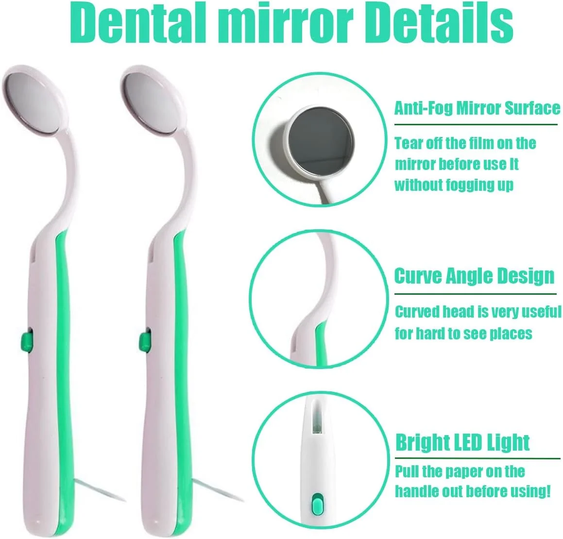 آینه دندانپزشکی چراغ دار Ceonam، ابزار بررسی دندان با نور LED، ضد مه، زاویه منحنی، ابزار مراقبت دهان (سبز)، 2 عدد