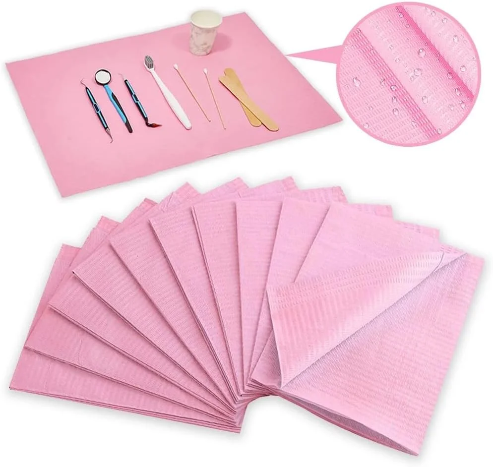 یولانگ 50 عدد پیش بند یکبار مصرف دندانپزشکی، روکش میز تاتو صورتی، 3 لایه ضد آب، پیش بند بیمار 33 * 46 سانتی متر برای دندانپزشک، ناخن کار، تاتو، پیرسینگ، روکش سینی