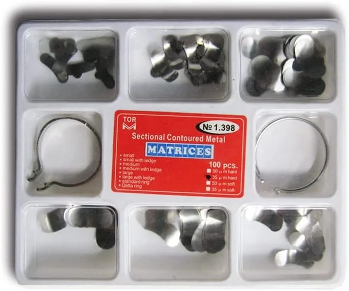 ایمپرسیو اسمایل 100 عدد ماتریکس فلزی مقطعی کانتور شده دندانپزشکی 35 میکرومتری با 2 رینگ برای پر کردن دندان