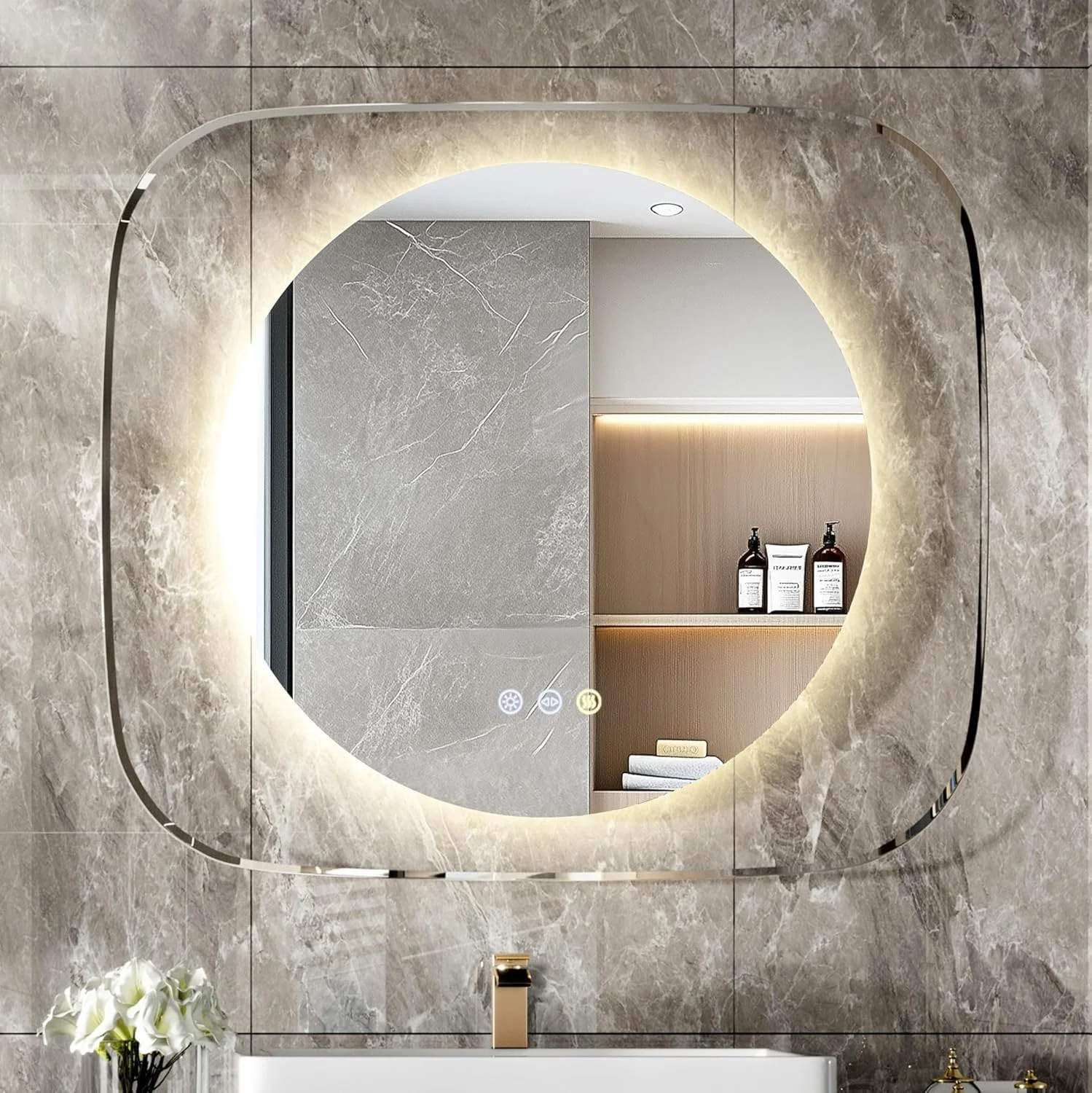 آینه حمام Wisfor با چراغ های LED: آینه روشنایی دیواری نوآورانه 800x700 میلی متر با نور پس زمینه کم نور شونده 3 رنگ، ضد مه، عملکرد حافظه، جلوه نور مهتاب آسمان