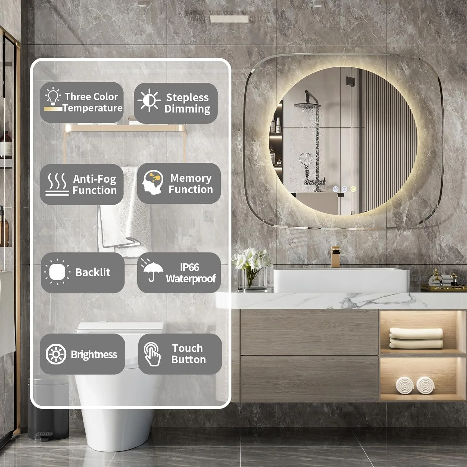 آینه حمام Wisfor با چراغ های LED: آینه روشنایی دیواری نوآورانه 800x700 میلی متر با نور پس زمینه کم نور شونده 3 رنگ، ضد مه، عملکرد حافظه، جلوه نور مهتاب آسمان آینه حمام Wisfor با چراغ های LED: آینه روشنایی دیواری نوآورانه 800x700 میلی متر با نور پس زمینه کم نور شونده 3 رنگ، ضد مه، عملکرد حافظه، جلوه نور مهتاب آسمان