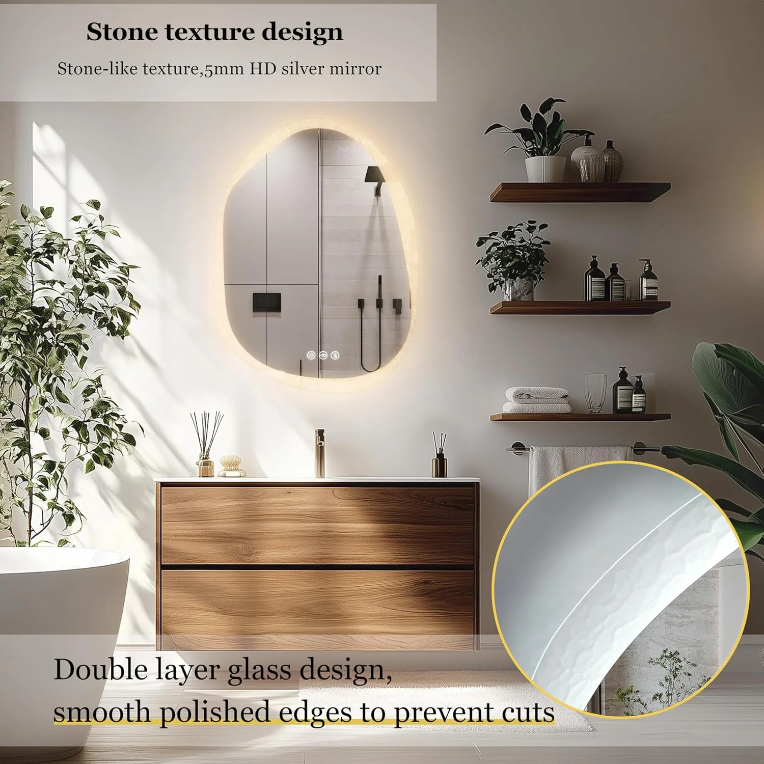 آینه حمام Wisfor با نور LED: آینه دیواری با نور پس زمینه با بافت نامنظم سنگ، ابعاد 50x70 سانتی متر، دارای نور 3 رنگ قابل تنظیم، ضد بخار و عملکرد حافظه هوشمند، IP66