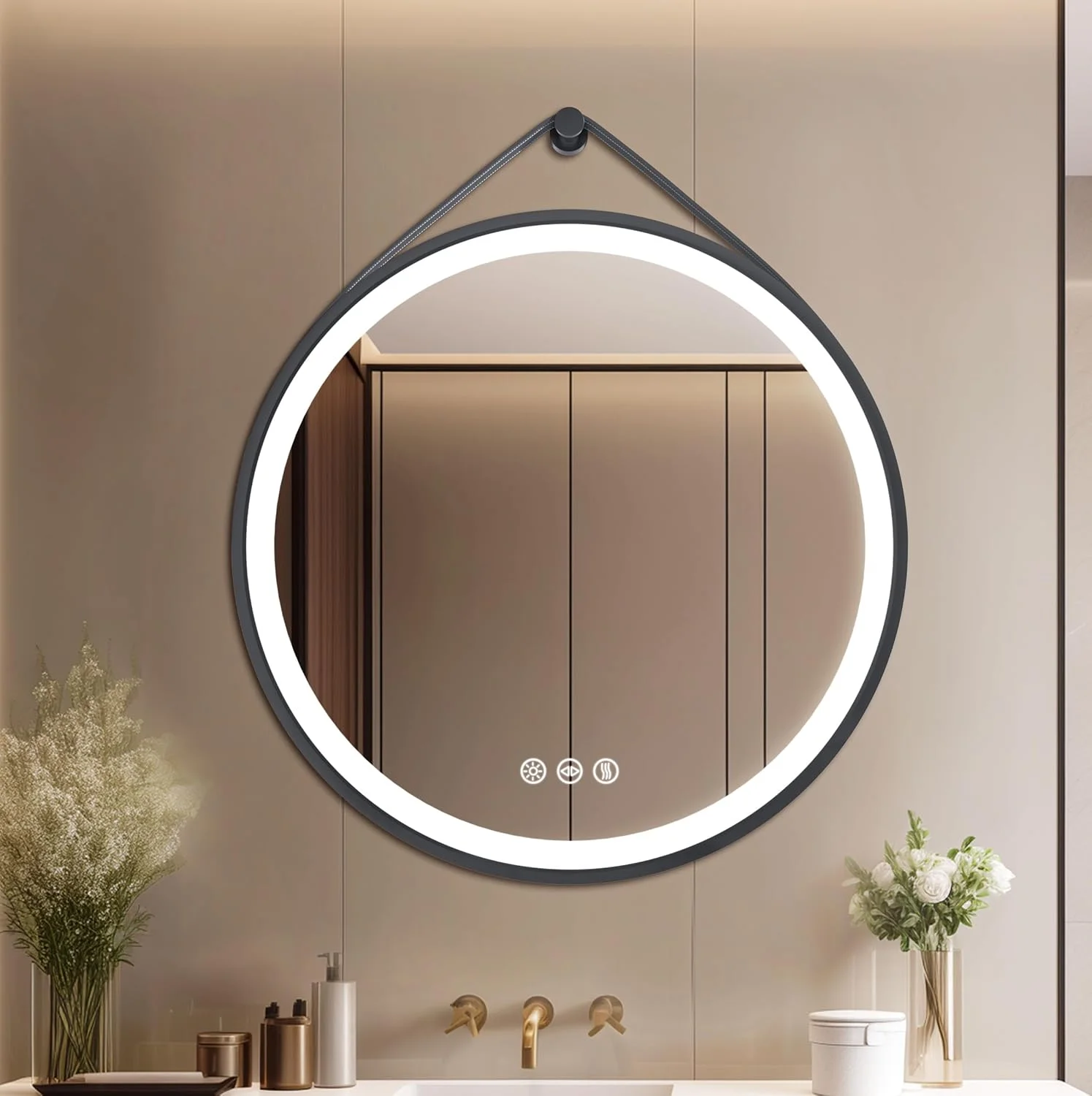 آینه دیواری گرد Wisfor با نور: آینه روشویی حمام 70 سانتی متری با قاب مشکی و بند آویز، LED دیمر شونده ضد بخار با 3 رنگ نور و دکمه لمسی برای آرایش و اصلاح