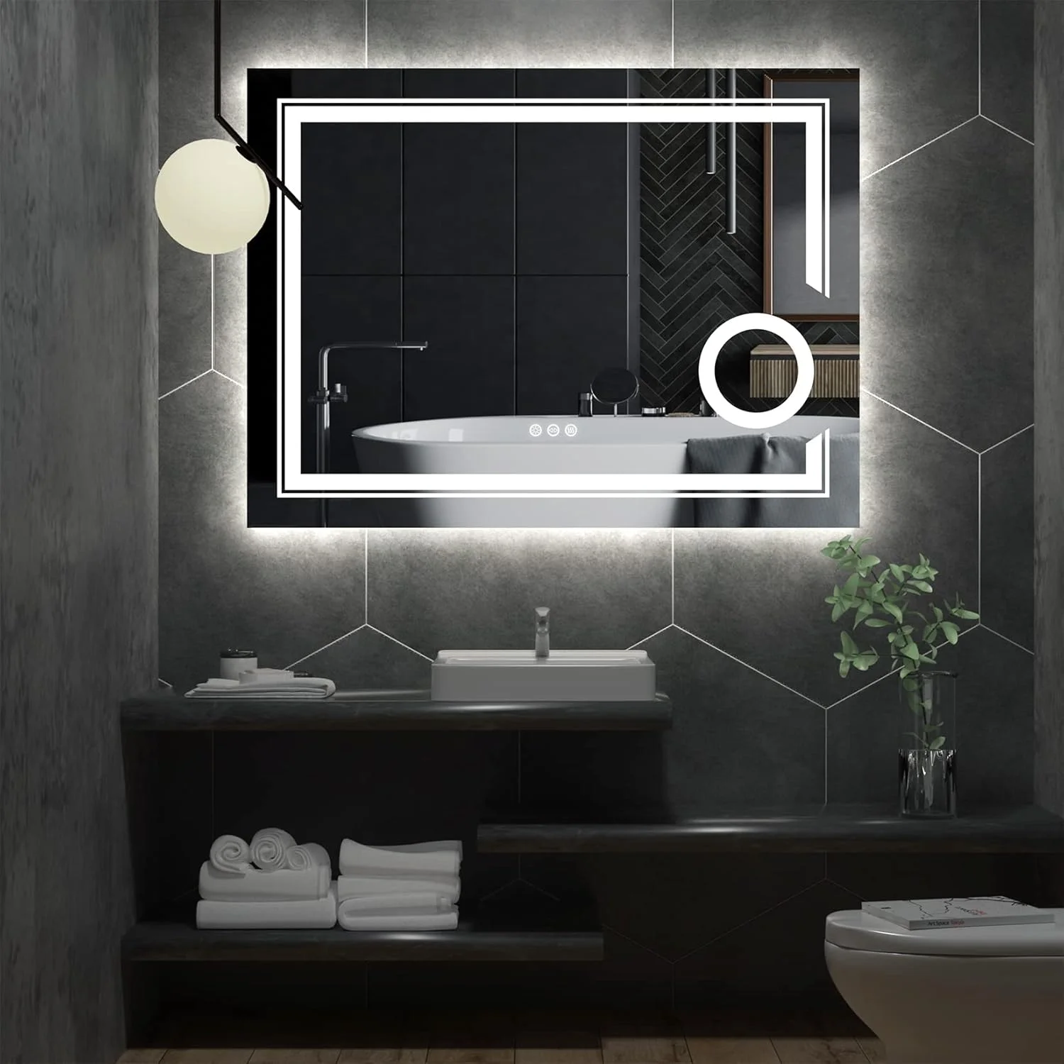 آینه مستطیلی LED مناسب حمام Wisfor: آینه آرایشی دیواری با ابعاد 800x600 میلی متر، دارای حسگر هوشمند + ضد بخار، بزرگنمایی 3 برابری، نور پس زمینه و نور جلو با قابلیت تنظیم شدت نور، عملکرد حافظه و 3 رنگ نور