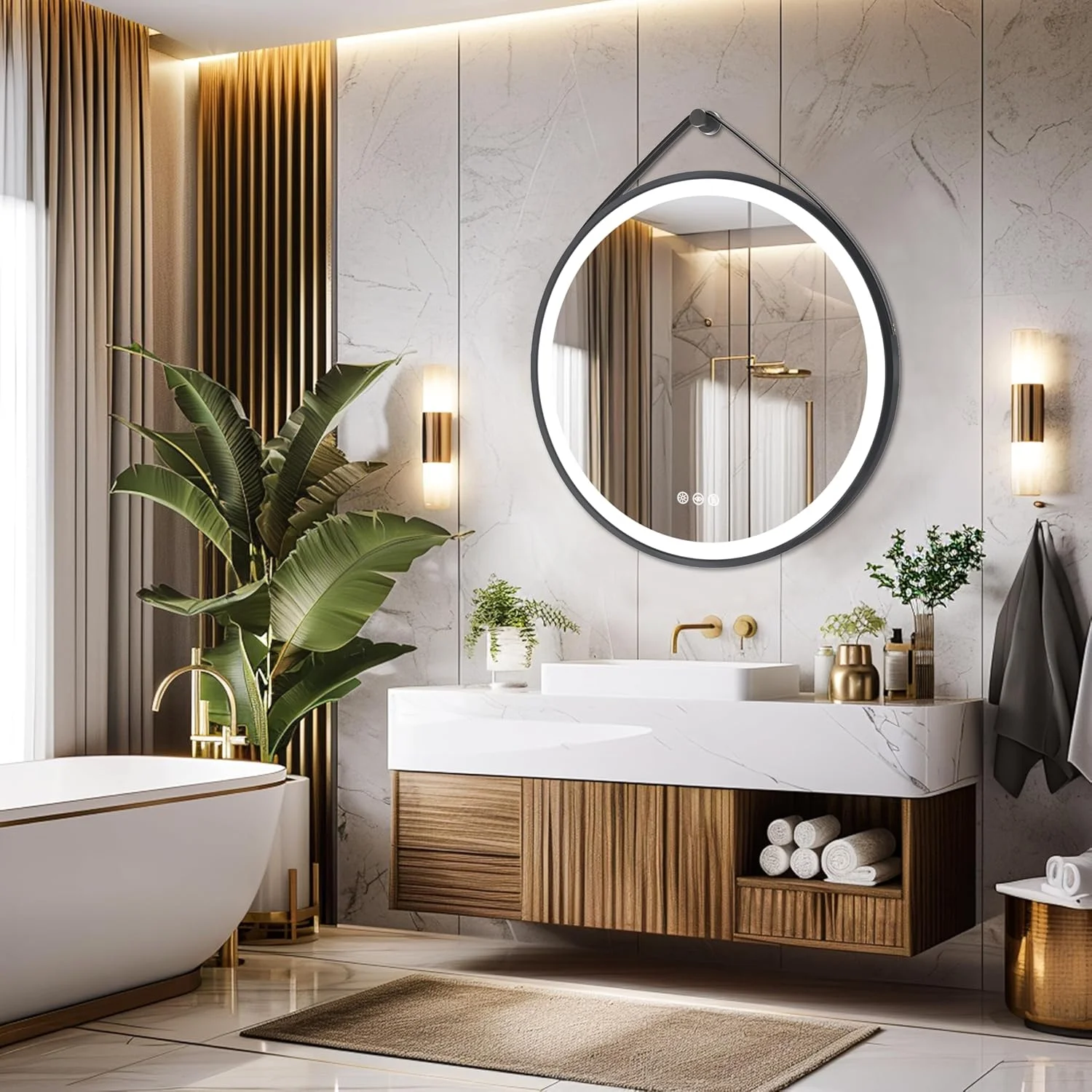 آینه دیواری گرد Wisfor با نور: آینه روشویی حمام 70 سانتی متری با قاب مشکی و بند آویز، LED دیمر شونده ضد بخار با 3 رنگ نور و دکمه لمسی برای آرایش و اصلاح آینه دیواری گرد Wisfor با نور: آینه روشویی حمام 70 سانتی متری با قاب مشکی و بند آویز، LED دیمر شونده ضد بخار با 3 رنگ نور و دکمه لمسی برای آرایش و اصلاح