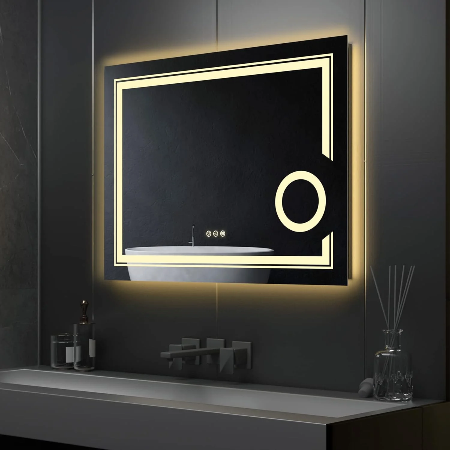 آینه مستطیلی LED مناسب حمام Wisfor: آینه آرایشی دیواری با ابعاد 800x600 میلی متر، دارای حسگر هوشمند + ضد بخار، بزرگنمایی 3 برابری، نور پس زمینه و نور جلو با قابلیت تنظیم شدت نور، عملکرد حافظه و 3 رنگ نور آینه مستطیلی LED مناسب حمام Wisfor: آینه آرایشی دیواری با ابعاد 800x600 میلی متر، دارای حسگر هوشمند + ضد بخار، بزرگنمایی 3 برابری، نور پس زمینه و نور جلو با قابلیت تنظیم شدت نور، عملکرد حافظه و 3 رنگ نور