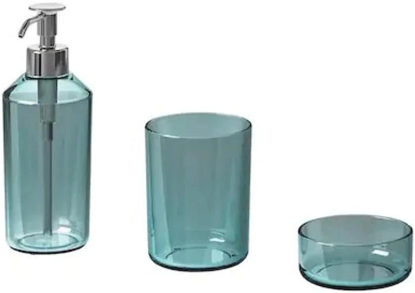 ست لوازم جانبی حمام ایکیا، شامل جا مایع دستشویی، جا مسواکی و سینی، رنگ آبی دریایی (بسته 3 عددی)