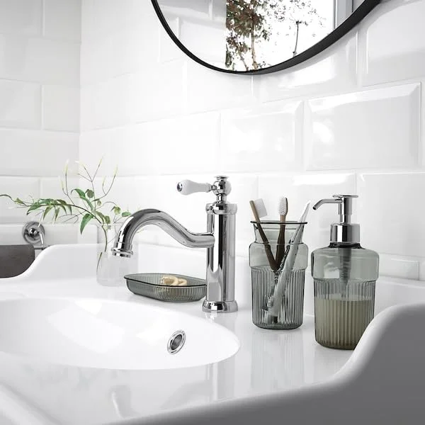 ست سه تکه لوازم حمام ایکیا BROFJÄRDEN، خاکستری، جای مایع دستشویی با پمپ استیل، لیوان و سینی