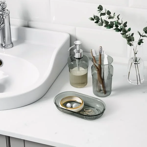 ست سه تکه لوازم حمام ایکیا BROFJÄRDEN، خاکستری، جای مایع دستشویی با پمپ استیل، لیوان و سینی