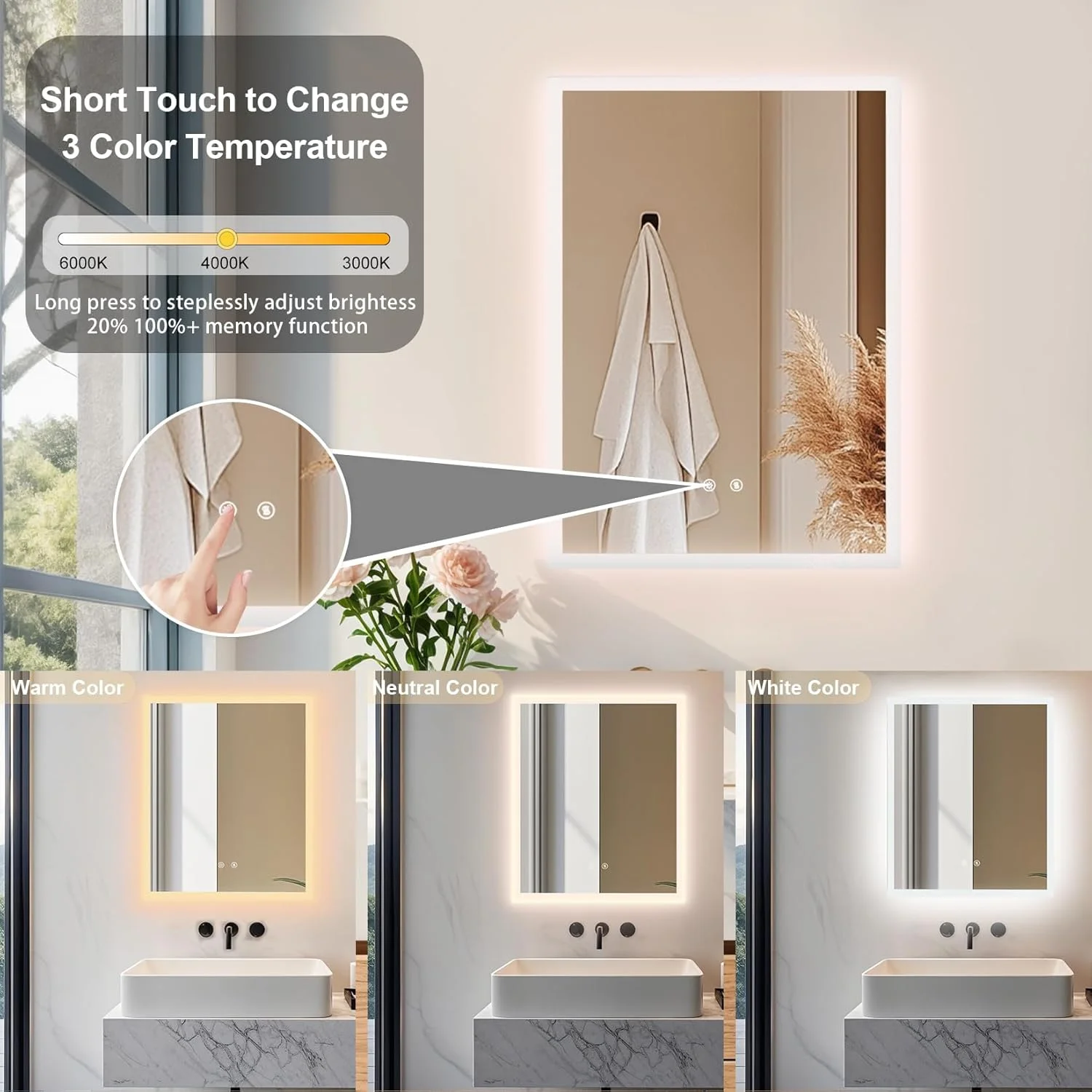 آینه حمام Wisfor با چراغ های LED: آینه مستطیلی روشن با ابعاد 600x800 میلی متر، قابل تنظیم نور، نصب دیواری با عملکرد ضد بخار، 3 حالت نورپردازی و عملکرد حافظه، نصب افقی/عمودی