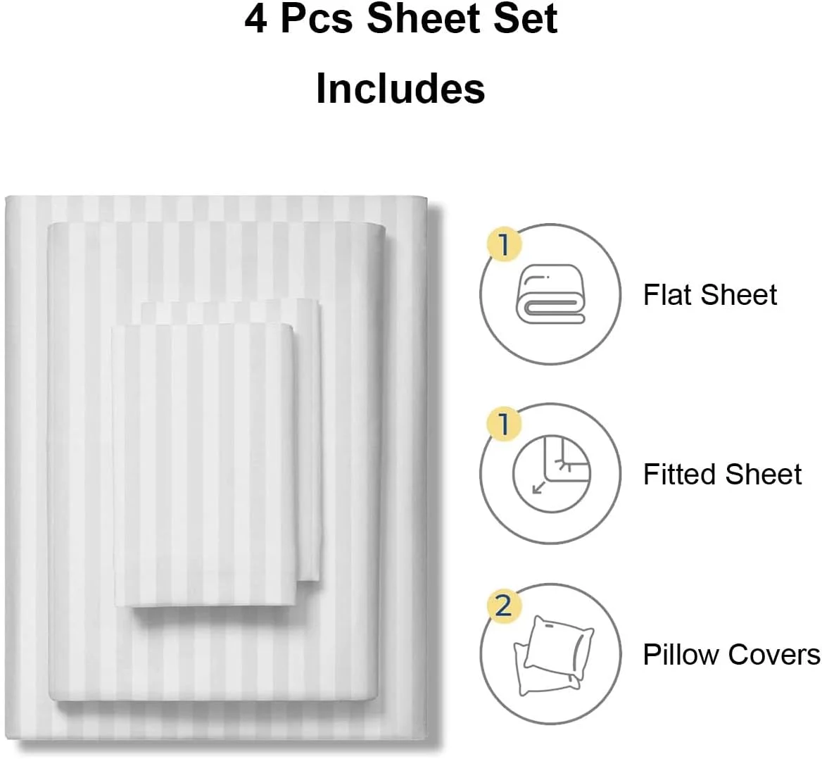 ست ملحفه 4 تکه شامل ملحفه کش‌دار، روبالشی، ملحفه تخت، مناسب تشک تا عمق 25 سانتی‌متر، ست ملحفه سفید، مجموعه ست ملحفه راه راه