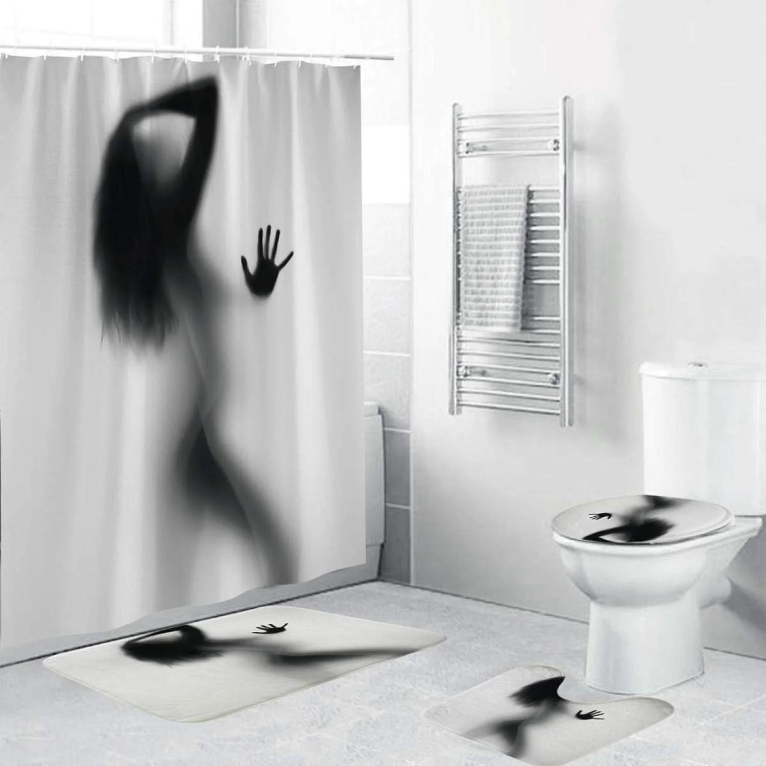 پرده حمام 180x180 سانتی‌متری به همراه ست پادری ضد لغزش، فرش حمام، و روکش درب توالت، ضد آب، دکور حمام