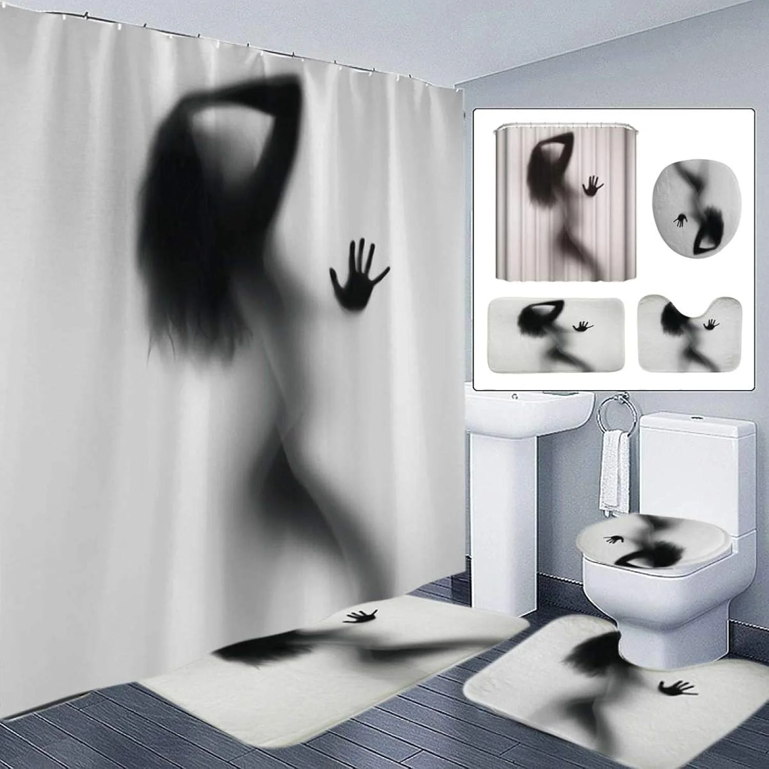 پرده حمام 180x180 سانتیمتری به همراه ست پادری ضد لغزش، فرش حمام، و روکش درب توالت، ضد آب، دکور حمام پرده حمام 180x180 سانتیمتری به همراه ست پادری ضد لغزش، فرش حمام، و روکش درب توالت، ضد آب، دکور حمام