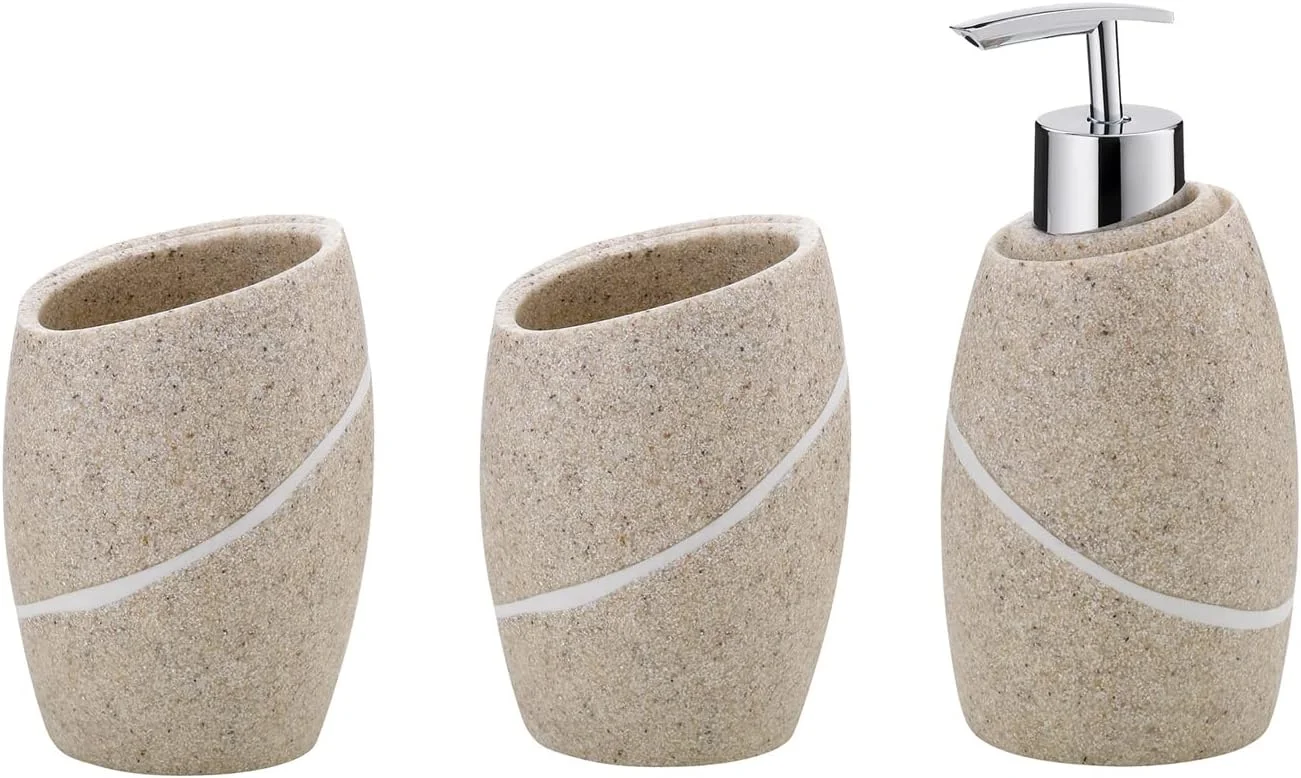 ست سرویس بهداشتی 3 تکه کلا مدل Talus 390230، جنس پلی رزین، رنگ بژ، شامل 2 عدد لیوان و 1 عدد مایع ریز صابون 300 میلی لیتر