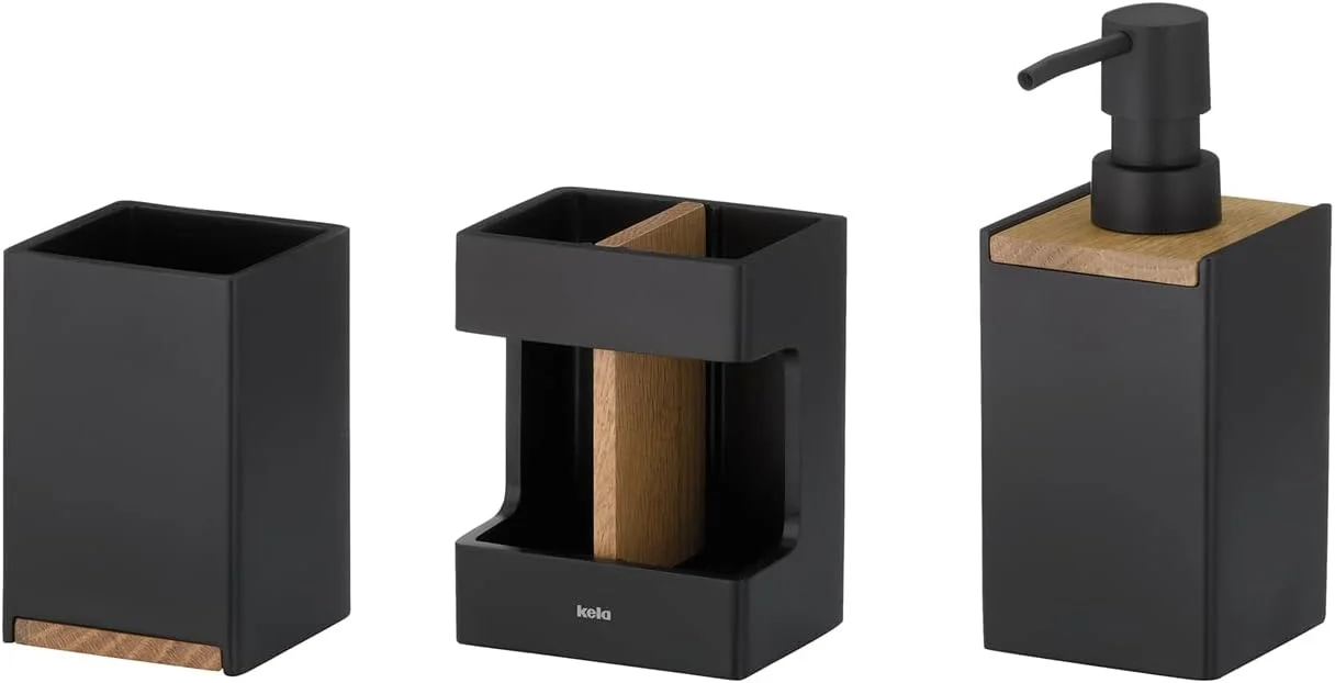 ست سرویس بهداشتی 3 تکه Kela Cube 390241، پلی رزین مشکی شامل 1 عدد لیوان، 1 عدد جا مسواکی، 1 عدد مایع ریز صابون 300 میلی لیتر