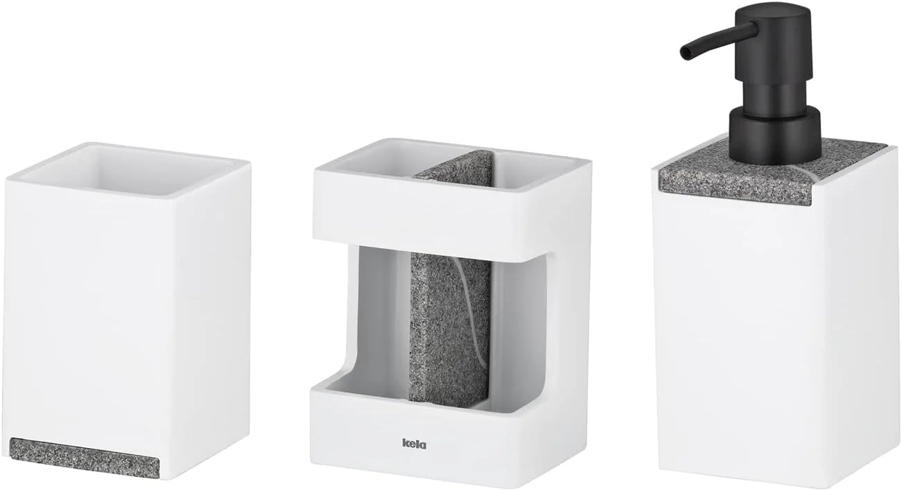 ست سرویس بهداشتی 3 تکه کلا مدل 390242، شامل 1 عدد جای مایع دستشویی، 1 عدد لیوان، 1 عدد جا مسواکی، جنس پلی رزین/ طرح سنگ، سفید مات، مکعبی