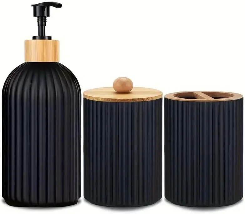 ست سه تکه جا مایع دستشویی قابل شارژ - جا مایع لوسیون پمپی دستی پلاستیکی، جا پنبه ای، جا مسواکی | بدون نیاز به برق، طراحی کم جا