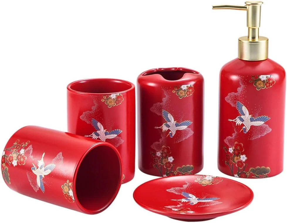 ست لوازم جانبی حمام 5 تکه طرح مدرن Feihe قرمز شامل جای مایع دستشویی، جا مسواکی، لیوان و جای صابون