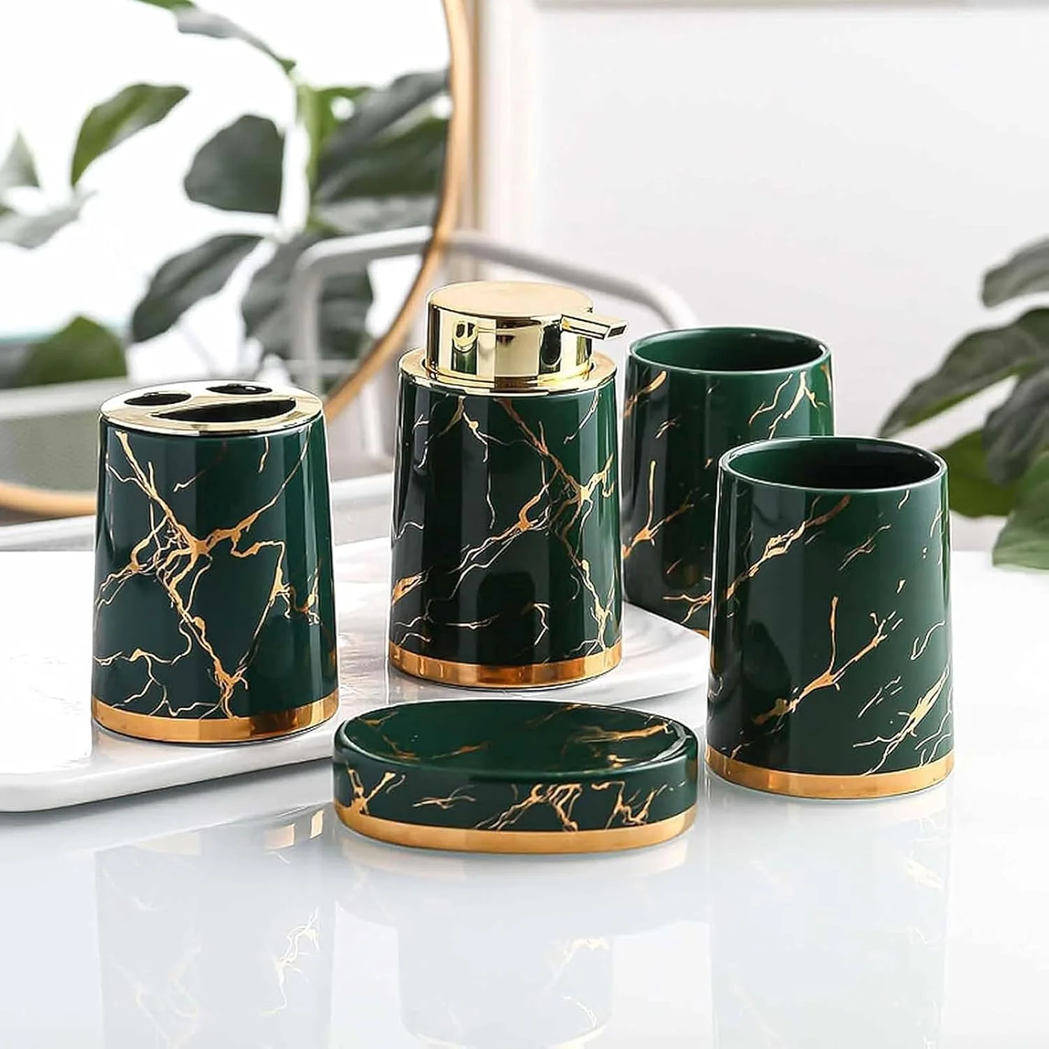 ست لوازم جانبی سرامیکی 5 تکه برای حمام، شامل جا صابونی و جا مسواکی، شامل جا مسواکی، لیوان، جا صابونی (سبز)