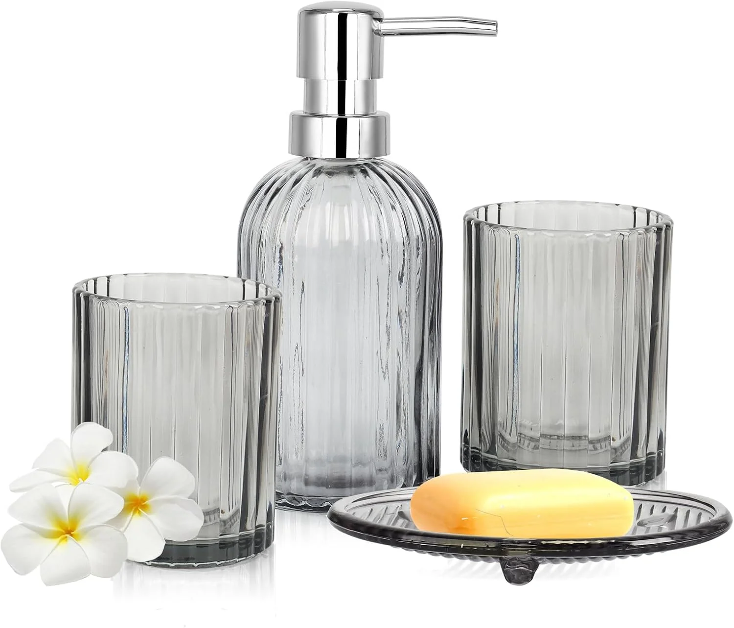 ست لوازم جانبی شیشه ای حمام 4 تکه - شامل جا مایع لوسیون، جا مسواکی، لیوان دهانشویه و جا صابونی - سازمان دهنده شیک برای دکور حمام، هدیه برای آپارتمان منزل (خاکستری)