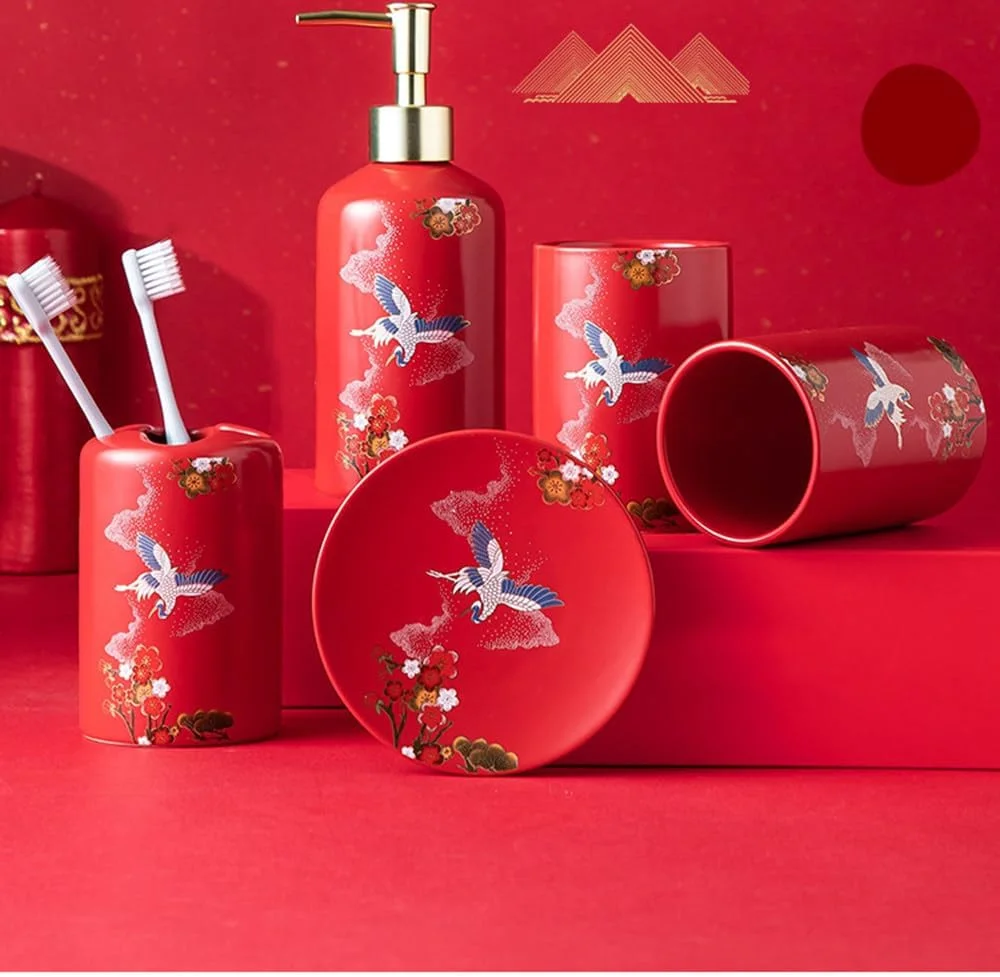 ست لوازم جانبی حمام 5 تکه طرح مدرن Feihe قرمز، شامل جای مایع دستشویی، جا مسواکی، لیوان و جای صابون ست لوازم جانبی حمام 5 تکه طرح مدرن Feihe قرمز، شامل جای مایع دستشویی، جا مسواکی، لیوان و جای صابون