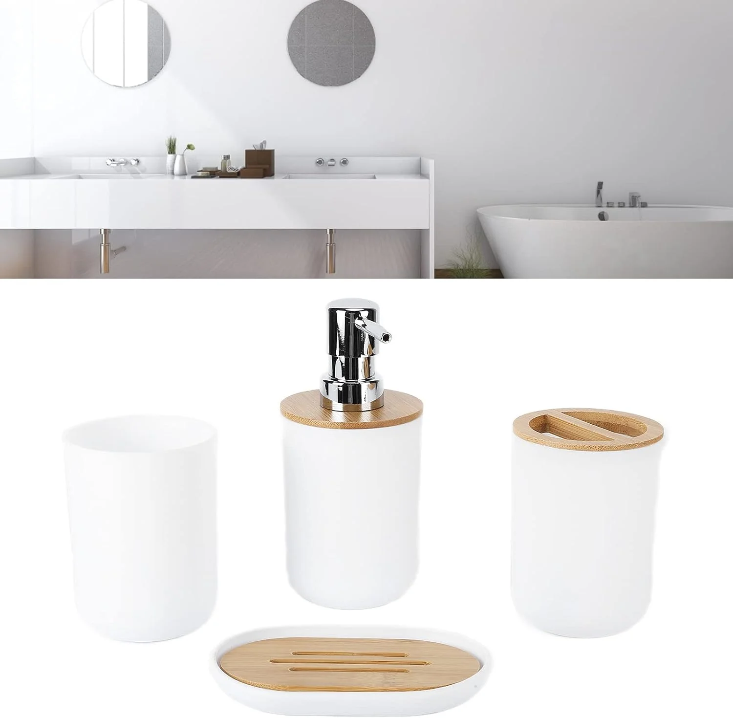 ست لوازم جانبی حمام 4 تکه - ست ضد آب با جا مسواکی، پخش کننده لوسیون و لیوان (سفید) ست لوازم جانبی حمام 4 تکه - ست ضد آب با جا مسواکی، پخش کننده لوسیون و لیوان (سفید)