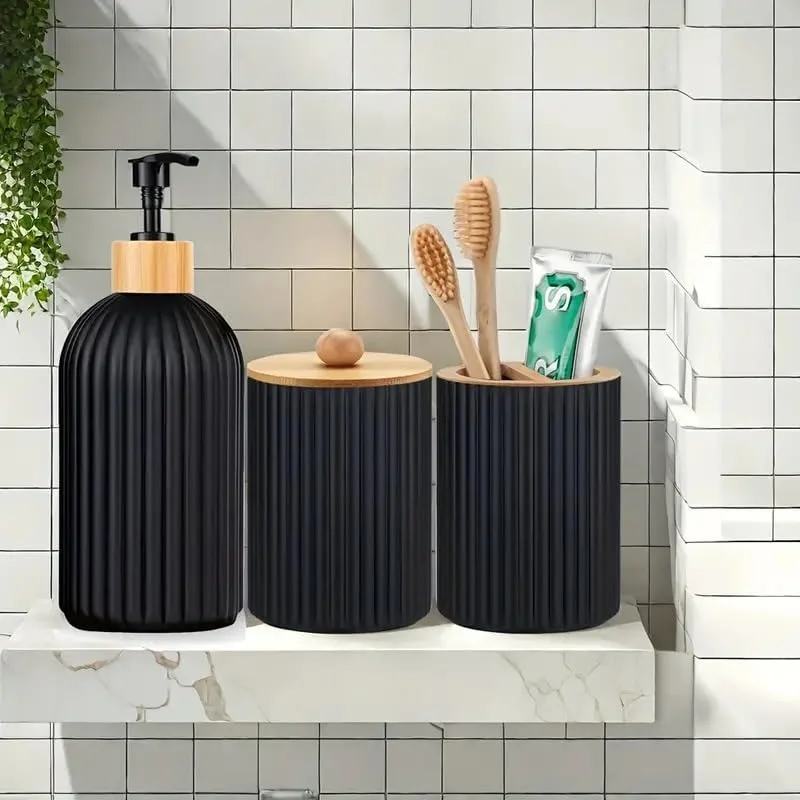 ست سه تکه جا مایع دستشویی قابل شارژ - جا مایع لوسیون پمپی دستی پلاستیکی، جا پنبه ای، جا مسواکی | بدون نیاز به برق، طراحی کم جا