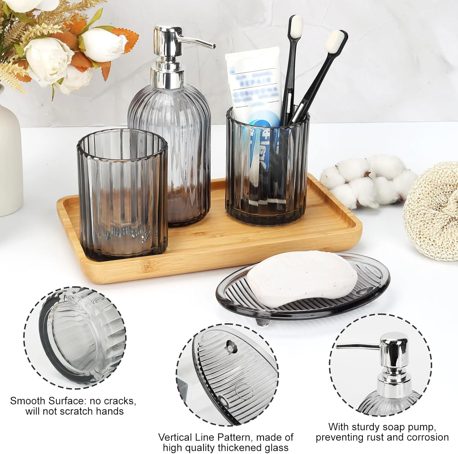 ست لوازم جانبی شیشه ای حمام 4 تکه - شامل جا مایع لوسیون، جا مسواکی، لیوان دهانشویه و جا صابونی - سازمان دهنده شیک برای دکور حمام، هدیه برای آپارتمان منزل (خاکستری) ست لوازم جانبی شیشه ای حمام 4 تکه - شامل جا مایع لوسیون، جا مسواکی، لیوان دهانشویه و جا صابونی - سازمان دهنده شیک برای دکور حمام، هدیه برای آپارتمان منزل (خاکستری)