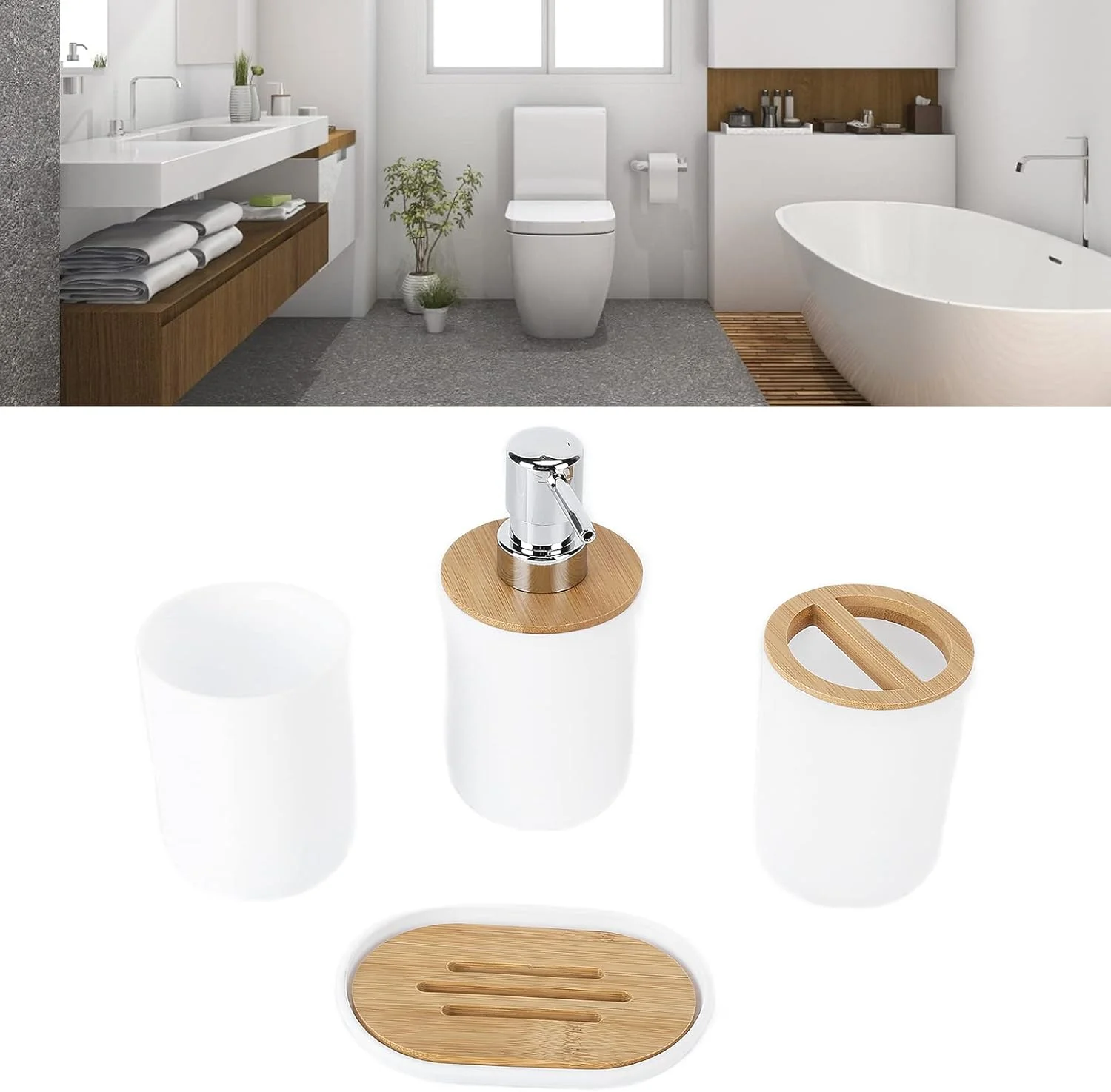 ست لوازم جانبی حمام 4 تکه - ست ضد آب با جا مسواکی، پخش کننده لوسیون و لیوان (سفید) ست لوازم جانبی حمام 4 تکه - ست ضد آب با جا مسواکی، پخش کننده لوسیون و لیوان (سفید)