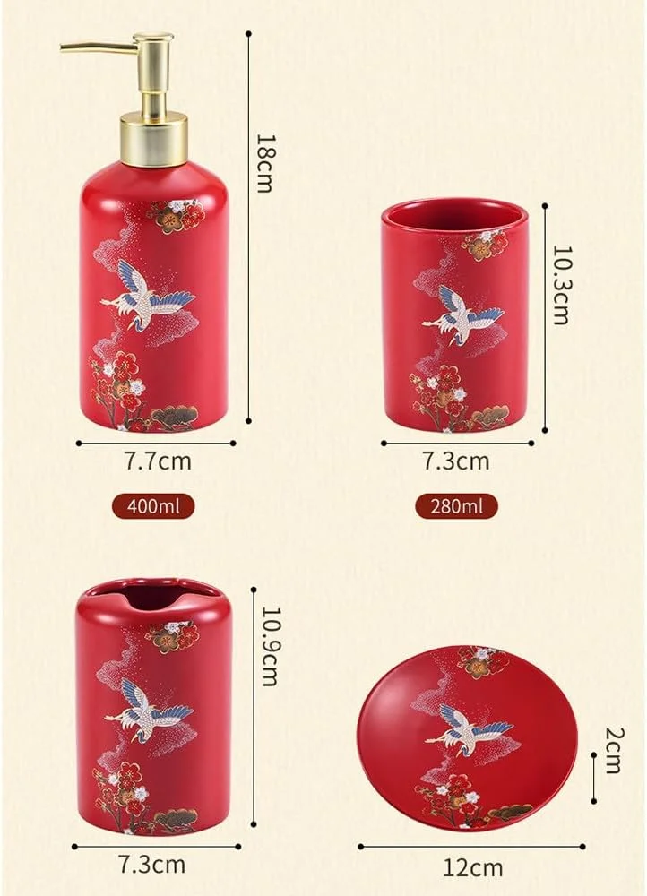 ست لوازم جانبی حمام 5 تکه طرح مدرن Feihe قرمز شامل جای مایع دستشویی، جا مسواکی، لیوان و جای صابون ست لوازم جانبی حمام 5 تکه طرح مدرن Feihe قرمز شامل جای مایع دستشویی، جا مسواکی، لیوان و جای صابون