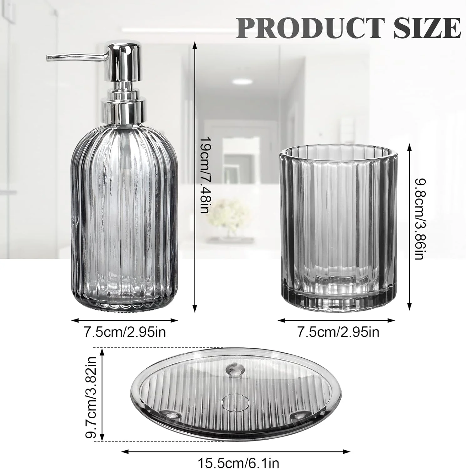 ست لوازم جانبی شیشه ای حمام 4 تکه - شامل جا مایع لوسیون، جا مسواکی، لیوان دهانشویه و جا صابونی - سازمان دهنده شیک برای دکور حمام، هدیه برای آپارتمان منزل (خاکستری) ست لوازم جانبی شیشه ای حمام 4 تکه - شامل جا مایع لوسیون، جا مسواکی، لیوان دهانشویه و جا صابونی - سازمان دهنده شیک برای دکور حمام، هدیه برای آپارتمان منزل (خاکستری)