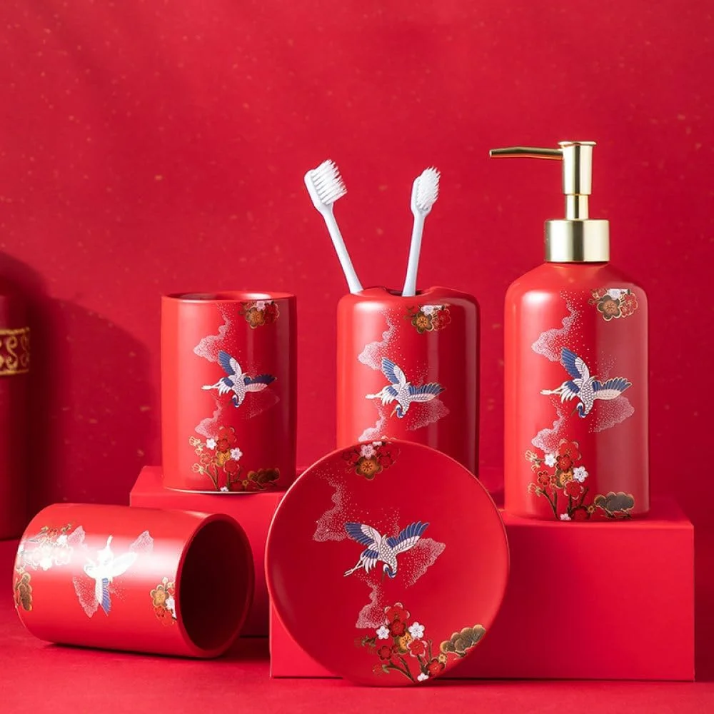 ست لوازم جانبی حمام 5 تکه طرح مدرن Feihe قرمز شامل جای مایع دستشویی، جا مسواکی، لیوان و جای صابون ست لوازم جانبی حمام 5 تکه طرح مدرن Feihe قرمز شامل جای مایع دستشویی، جا مسواکی، لیوان و جای صابون