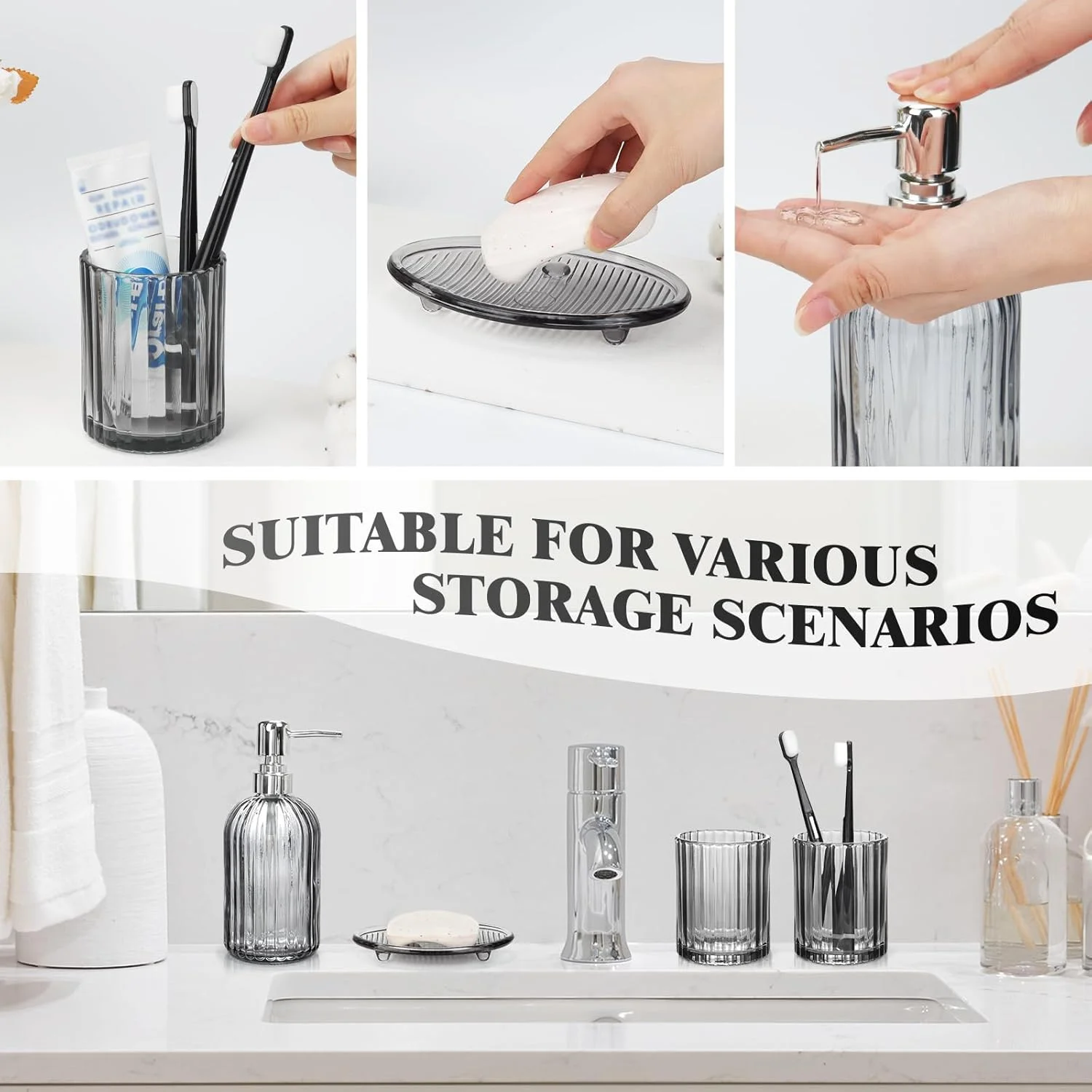 ست لوازم جانبی شیشه ای حمام 4 تکه - شامل جا مایع لوسیون، جا مسواکی، لیوان دهانشویه و جا صابونی - سازمان دهنده شیک برای دکور حمام، هدیه برای آپارتمان منزل (خاکستری) ست لوازم جانبی شیشه ای حمام 4 تکه - شامل جا مایع لوسیون، جا مسواکی، لیوان دهانشویه و جا صابونی - سازمان دهنده شیک برای دکور حمام، هدیه برای آپارتمان منزل (خاکستری)