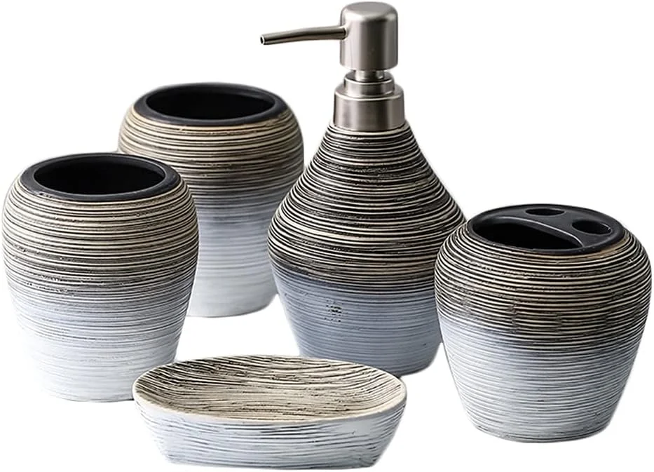 ست لوازم جانبی حمام 5 تکه، شامل جای مایع دستشویی، جا مسواکی و جا صابونی (رنگ: چند رنگ، اندازه: ست 5 تکه)