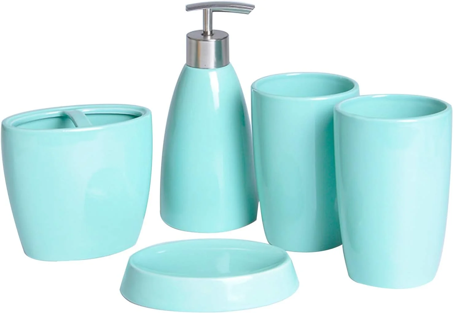 ست 5 تکه لوازم جانبی سرامیکی حمام - جا مسواکی، مایع ریز صابون، جا صابونی و لیوان حمام - ست سازمان دهنده حمام عالی - رنگ های متنوع