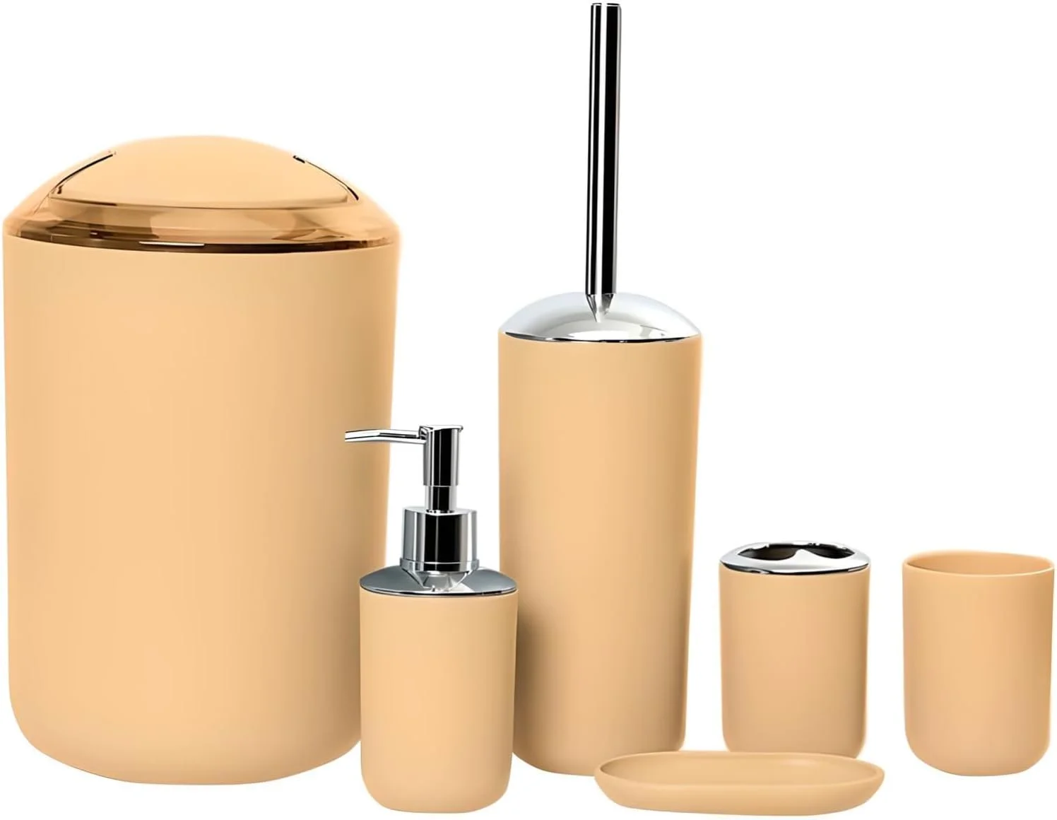 ست لوازم حمام ۶ تکه: شامل برس توالت، جا مایع صابون، جا مسواکی، لیوان، جا صابونی و سطل زباله برای ظاهری هماهنگ و شیک (زرد موراندی)