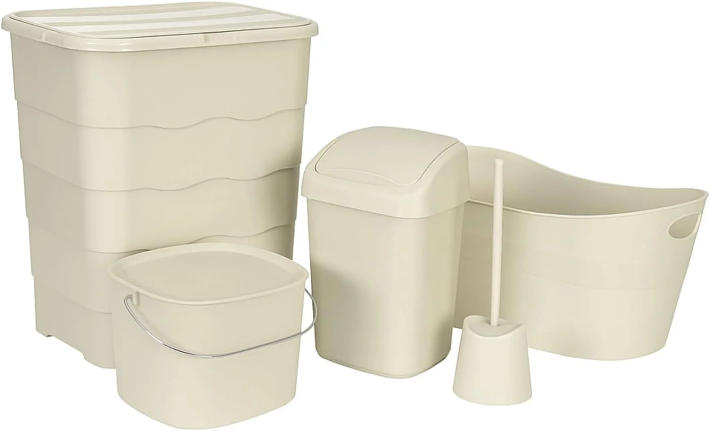 ست ۵ تکه لوازم حمام | سبد لباس + سطل ۲۰ لیتری - سطل زباله ۱۰ لیتری + سبد کوچک و برس توالت، چهارپایه Dlx | ست حمام | ست لوازم حمام | (چند رنگ)