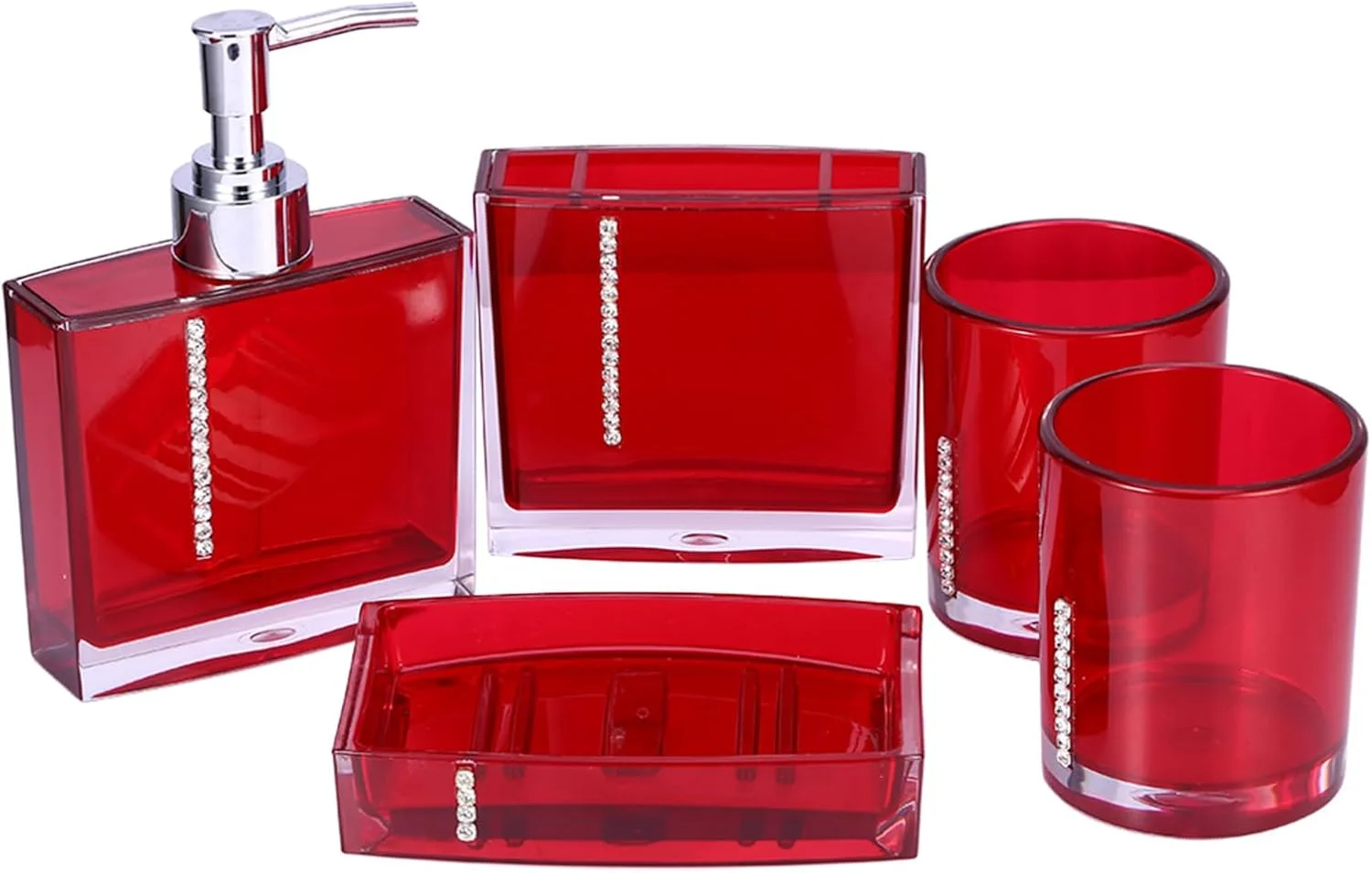 ست لوازم جانبی حمام آکریلیک 5 تکه - شامل جا مسواکی، جا صابونی، لیوان حمام و جای مایع دستشویی برای حمام