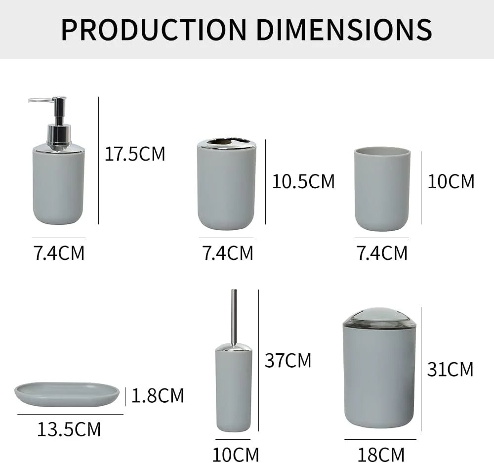 ست لوازم جانبی حمام 6 تکه، برس توالت، جا مایع صابون، جا مسواکی، لیوان، جا صابونی، سطل زباله (خاکستری) ست لوازم جانبی حمام 6 تکه، برس توالت، جا مایع صابون، جا مسواکی، لیوان، جا صابونی، سطل زباله (خاکستری)