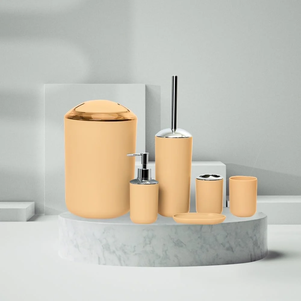ست لوازم حمام ۶ تکه: شامل برس توالت، جا مایع صابون، جا مسواکی، لیوان، جا صابونی و سطل زباله برای ظاهری هماهنگ و شیک (زرد موراندی)