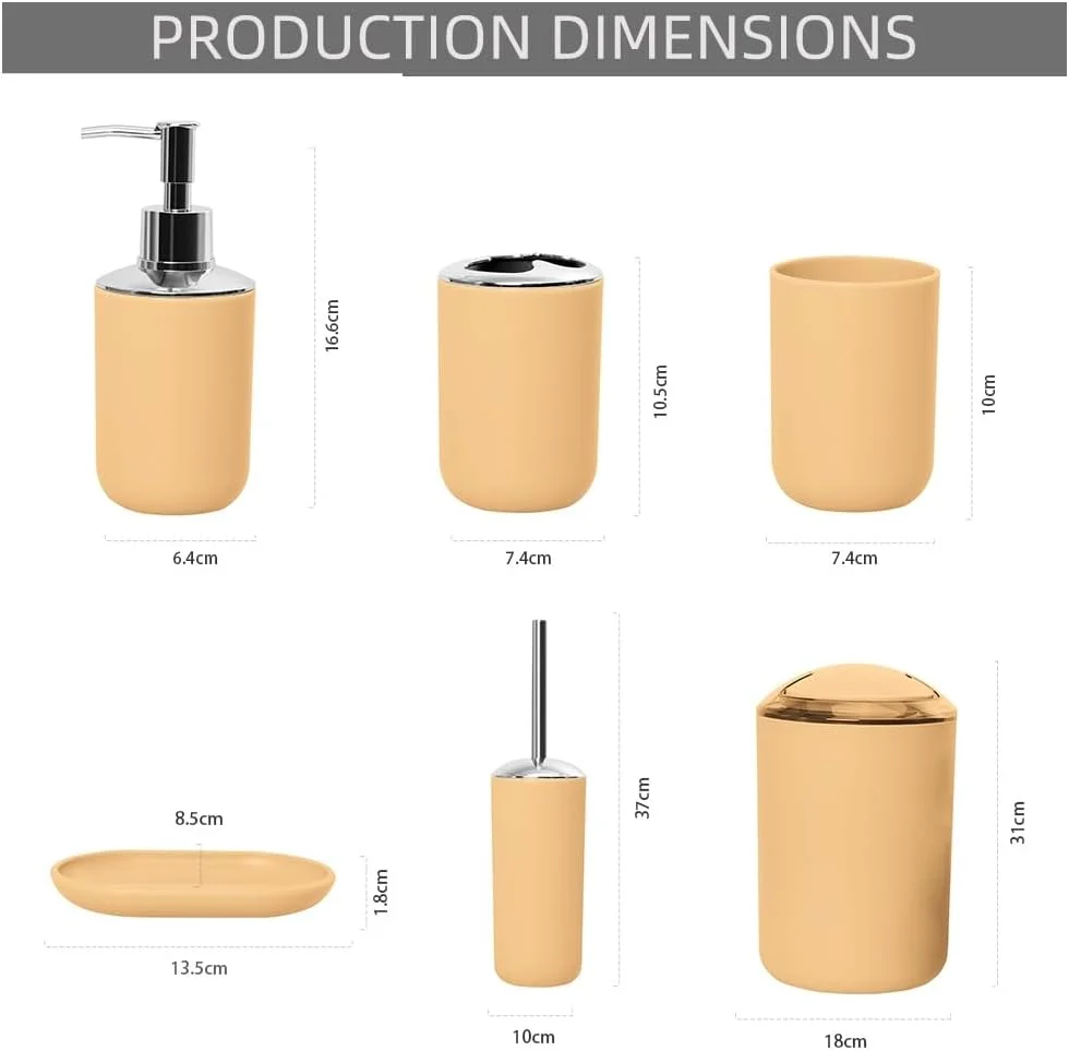 ست لوازم حمام ۶ تکه: شامل برس توالت، جا مایع صابون، جا مسواکی، لیوان، جا صابونی و سطل زباله برای ظاهری هماهنگ و شیک (زرد موراندی)