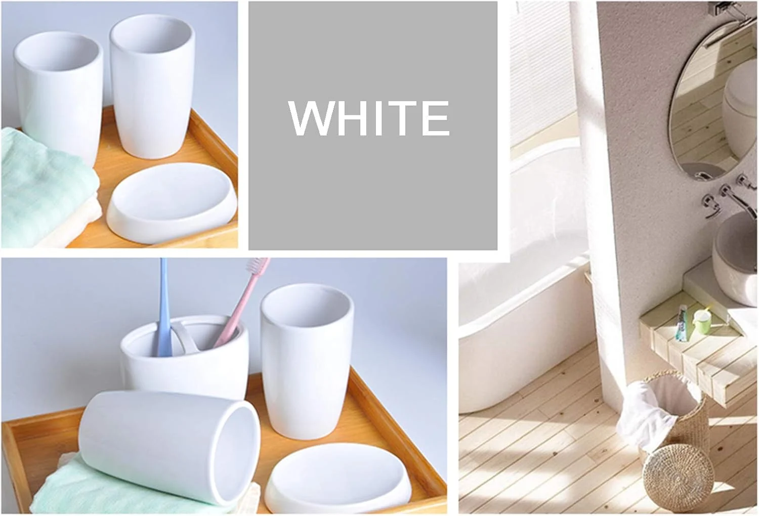 ست 5 تکه لوازم جانبی سرامیکی حمام - جا مسواکی، مایع ریز صابون، جا صابونی و لیوان حمام - ست سازمان دهنده حمام عالی - رنگ های متنوع