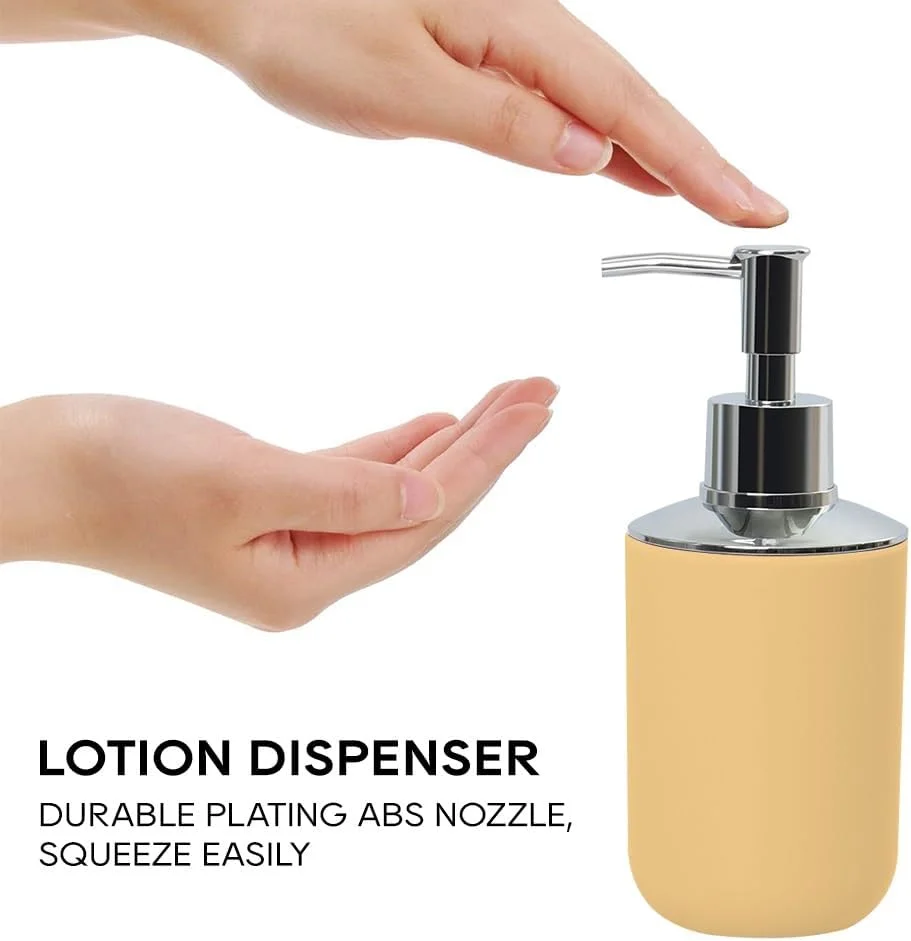 ست لوازم حمام ۶ تکه: شامل برس توالت، جا مایع صابون، جا مسواکی، لیوان، جا صابونی و سطل زباله برای ظاهری هماهنگ و شیک (زرد موراندی)