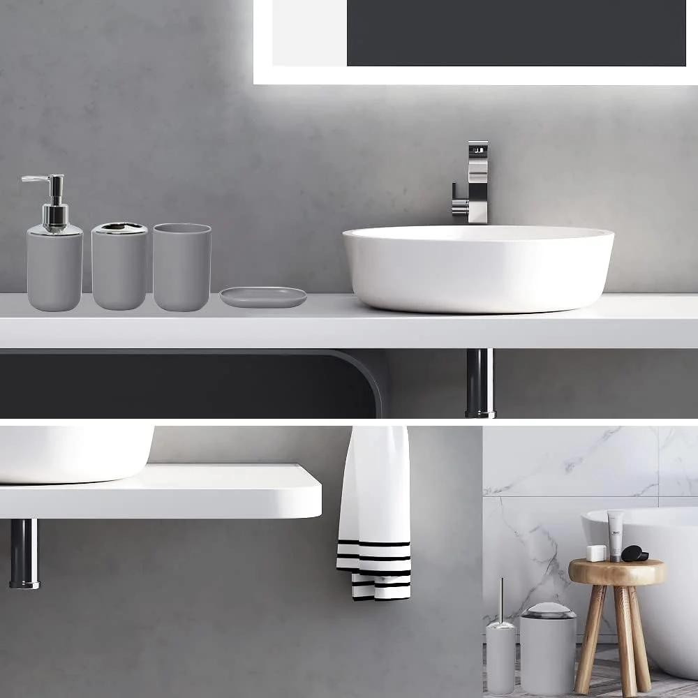 ست لوازم جانبی حمام 6 تکه، برس توالت، جا مایع صابون، جا مسواکی، لیوان، جا صابونی، سطل زباله (خاکستری) ست لوازم جانبی حمام 6 تکه، برس توالت، جا مایع صابون، جا مسواکی، لیوان، جا صابونی، سطل زباله (خاکستری)