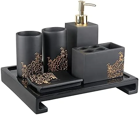 ست لوازم جانبی حمام 6 تکه، ست لوازم حمام مدرن مینیمالیستی رزینی به همراه سینی حمام (رنگ: مشکی، سایز: ست 6 تکه) ست لوازم جانبی حمام 6 تکه، ست لوازم حمام مدرن مینیمالیستی رزینی به همراه سینی حمام (رنگ: مشکی، سایز: ست 6 تکه)
