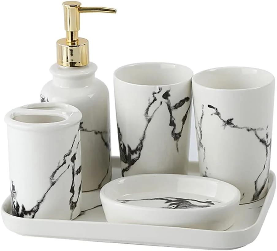 ست لوازم جانبی حمام 6 تکه با سینی (رنگ: سفید، اندازه: ست 6 تکه) ست لوازم جانبی حمام 6 تکه با سینی (رنگ: سفید، اندازه: ست 6 تکه)